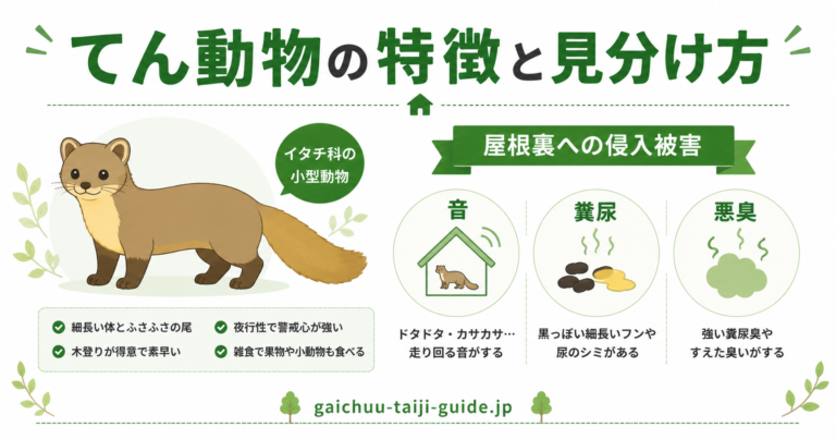 てん動物の特徴と見分け方｜屋根裏被害サインと対処法