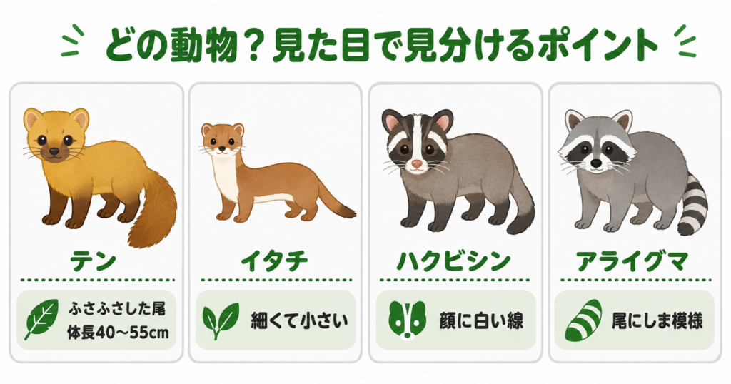 テンとイタチ・ハクビシン・アライグマの見た目を比較した図