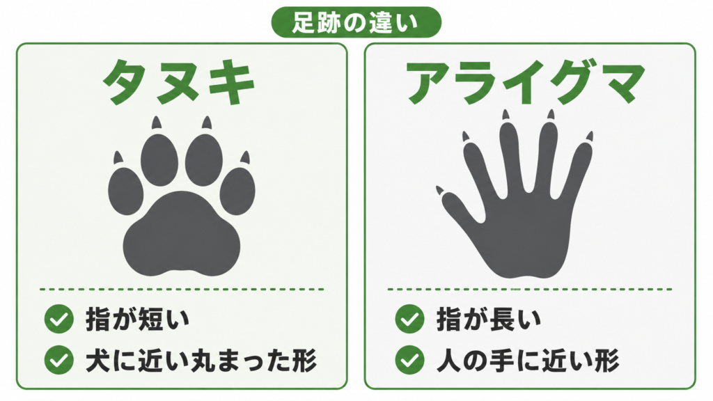 タヌキとアライグマの足跡の違いを示す比較図