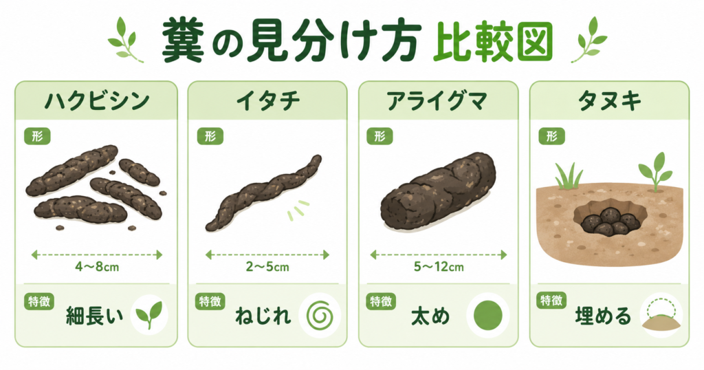 ハクビシン・イタチ・アライグマ・タヌキの糞比較図