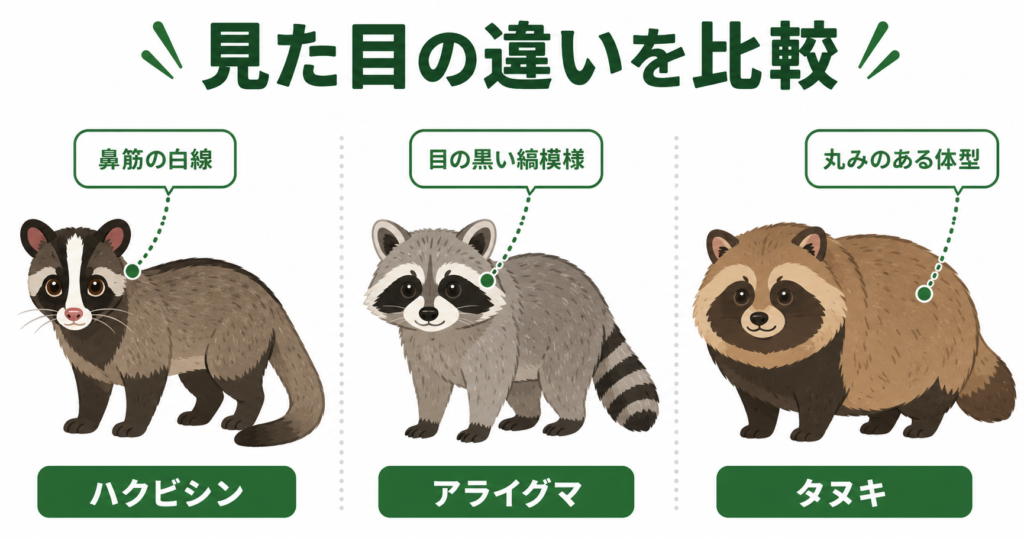 ハクビシンとアライグマとタヌキの外見の比較イラスト