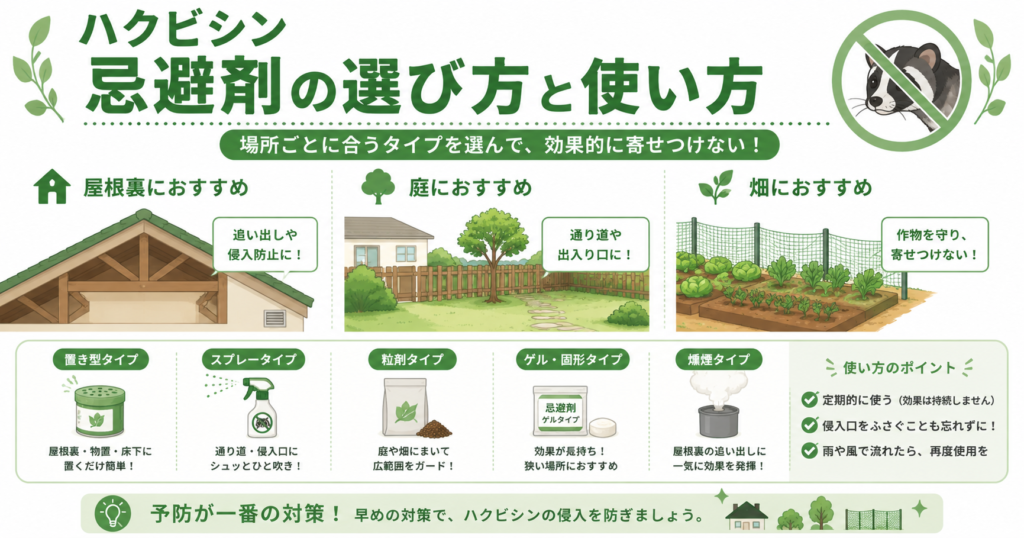 ハクビシン忌避剤の選び方と使い方｜場所別に解説