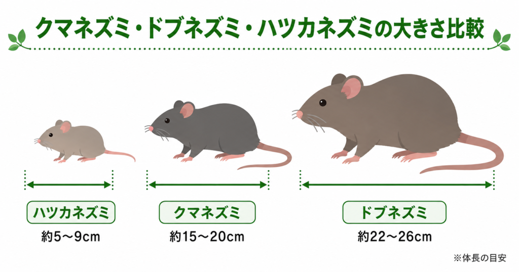 クマネズミ・ドブネズミ・ハツカネズミの大きさ比較表